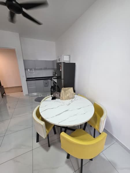 Kitchen features: white painted walls, glossy grey cabinetry, black refrigerator, built-in oven, freestanding range oven, marble dining table, yellow upholstered dining chairs, ceramic tile flooring, 5-blade ceiling fan, stainless-steel sink, chrome pull-down faucet, microwave; style: modern.