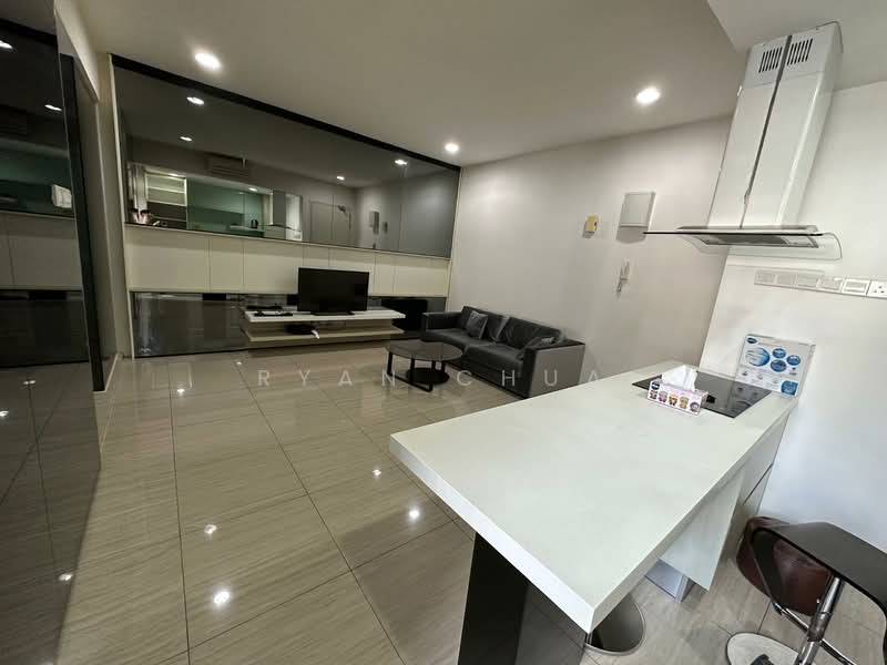 Living features: grey leather sofa, white coffee table, wall-mounted TV, entertainment unit, open-plan layout, glossy white cabinetry, kitchen island with seating, stainless-steel range hood, recessed downlights, large floor tiles, neutral wall color, mirror wall, bar stools; style: modern.