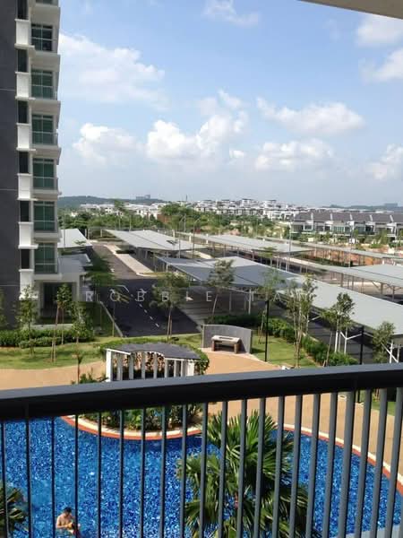 Exterior type: high-rise condominium; features: infinity pool, pool deck with loungers, manicured landscaping, surrounded by greenery, covered parking area, modern architectural design, balconies on upper floors, water feature, open space, city skyline in background; style: modern.