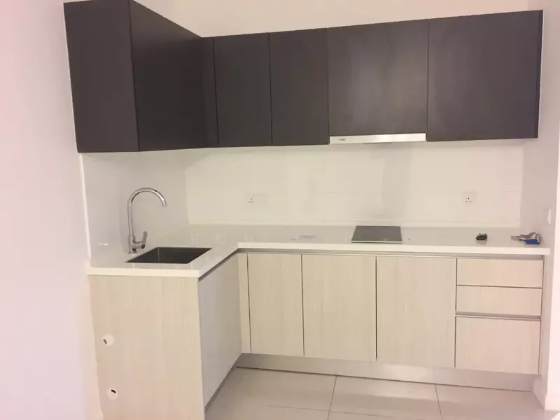 Kitchen features: single-bowl stainless-steel sink, chrome pull-down faucet, white laminate countertop, dark wood upper cabinets, light wood lower cabinets, built-in stove, tile backsplash, ceramic tile flooring, recessed downlights; style: modern.