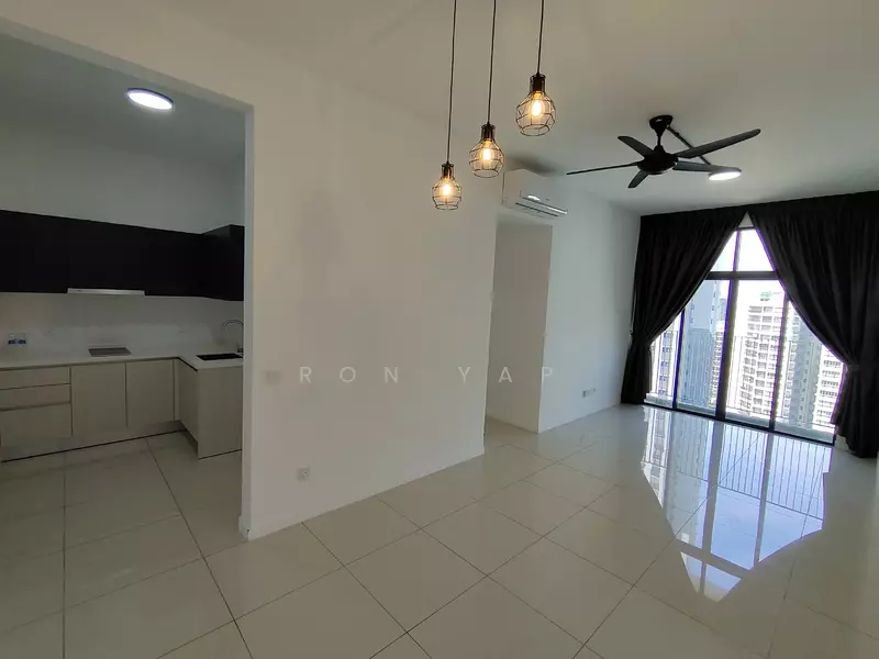 Living features: white painted walls, glossy tile flooring, 5-blade ceiling fan with light, floor-to-ceiling windows, blackout curtains, recessed downlights, hanging pendant lights, air conditioning unit; style: modern; view: city. Kitchen features: white cabinetry, countertop with integrated sink, built-in oven, stainless-steel range hood, ceramic tile backsplash; style: modern.