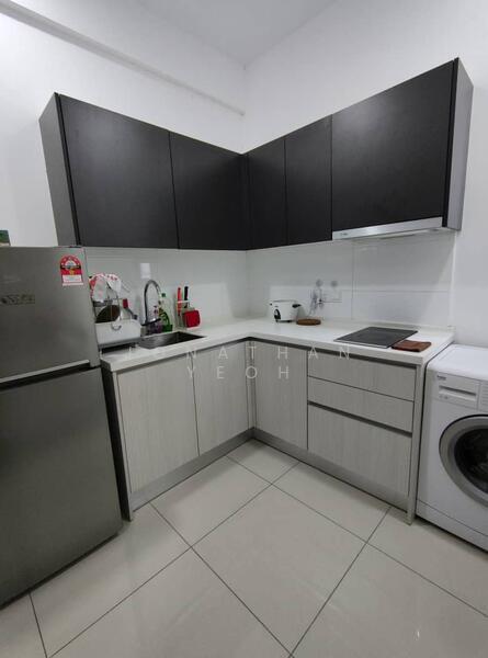 Kitchen features: black upper cabinets, light wood lower cabinets, white countertop, stainless-steel fridge, built-in stove, kitchen sink, chrome faucet, washing machine, ceramic tile flooring, white walls, recessed lighting; style: modern.