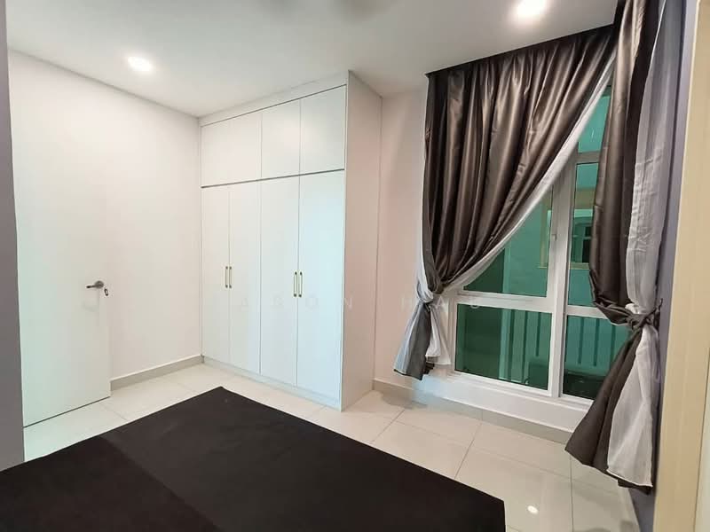 Bedroom features: white painted walls, glossy tile flooring, floor-to-ceiling window, grey curtains, built-in wardrobe with sliding doors, queen-size bed, recessed downlights; style: modern.