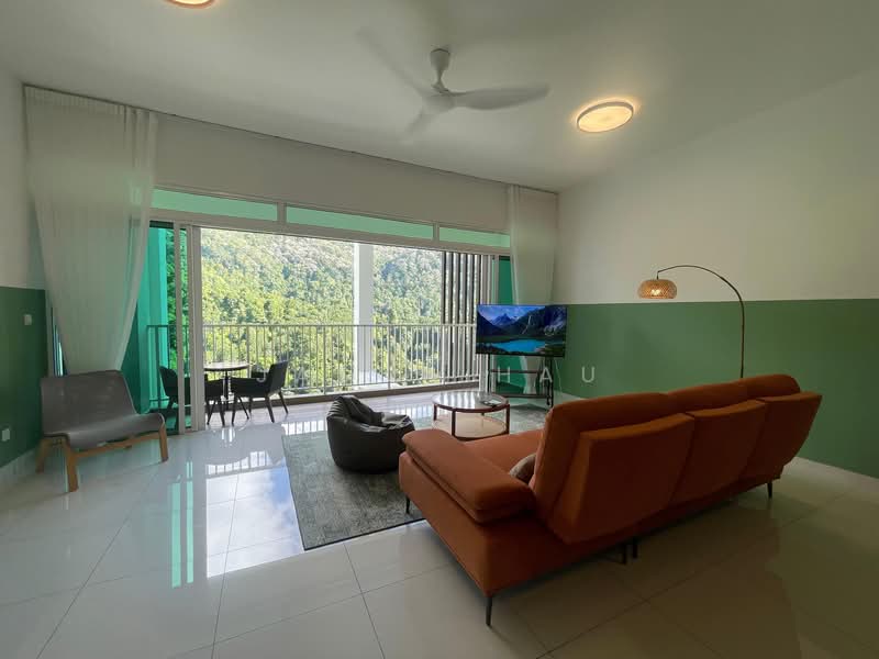 Living features: orange fabric sofa, grey armchair, coffee table, floor lamp, TV console, wall-mounted TV, ceiling fan, large sliding glass door, floor-to-ceiling windows, white walls with green accent wall, marble tile flooring, area rug; style: modern; view: mountain.