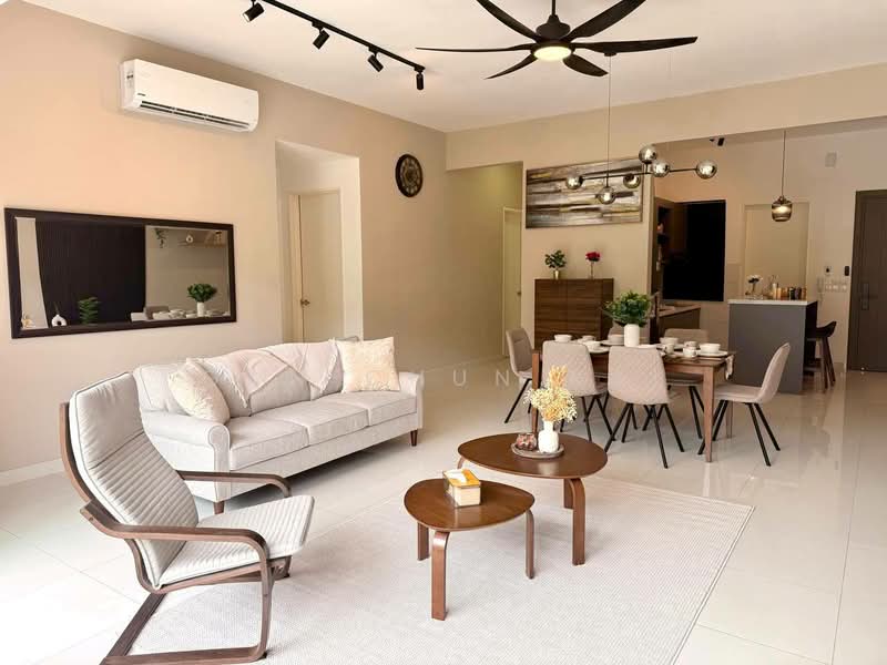 Living features: 3-seater fabric sofa in light grey, wooden coffee table, 2 round side tables, ceiling fan with light, wall-mounted split AC, framed mirror, decorative wall art, area rug, track lighting, dining area visible in background; style: modern.