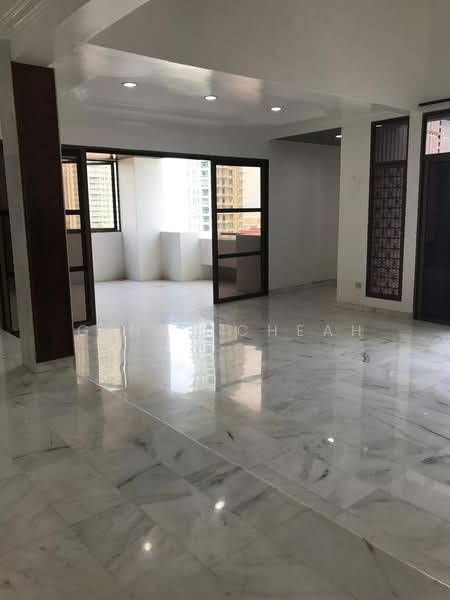 Room features: white painted walls, marble flooring, recessed downlights, floor-to-ceiling windows, sliding glass door, open layout, natural light, city view from windows; style: modern; view: city.