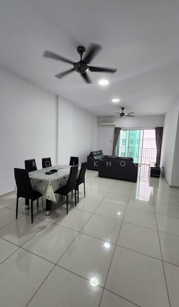 Dining features: 6-seater dining table, black dining chairs, tablecloth with floral pattern; style: modern. Living features: 3-seater fabric sofa in grey, coffee table, 2 ceiling fans, wall-mounted air conditioning unit, large window with sheer curtains, glossy white tile flooring, white painted walls; style: modern.