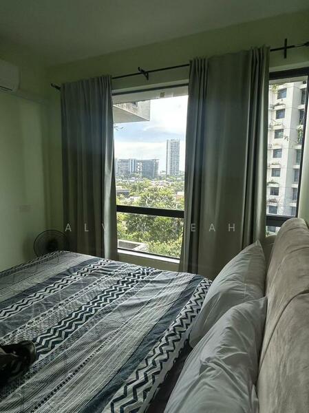 Bedroom features: queen-size bed, upholstered headboard, bedside lamps, floor-to-ceiling windows, curtains, air conditioning unit, decorative throw pillows, bed linens with geometric pattern; style: modern; view: city.