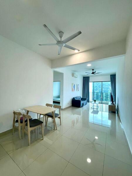 Living features: white painted walls, glossy ceramic tile flooring, 5-blade ceiling fan with light, floor-to-ceiling windows, sliding glass door, curtains, dining table with 4 chairs, sofa, coffee table, decorative wall art; style: modern; view: mountain.