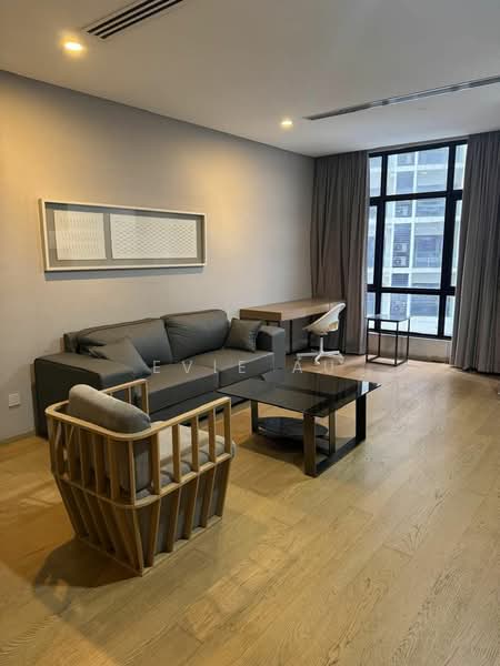 Living features: 3-seater fabric sofa in grey, wooden armchair, coffee table with black surface, side table with metal frame, floor-to-ceiling windows, curtains in grey, light wood flooring, wall-mounted artwork, desk with chair; style: modern; view: city.