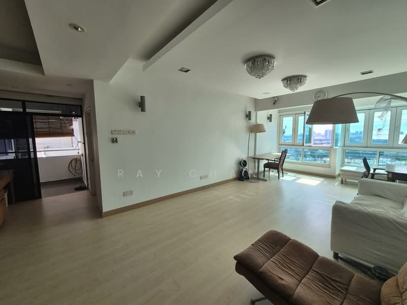 Living features: light wood flooring, white painted walls, recessed downlights, chandelier, floor-to-ceiling windows, city view, sofa in white, armchair in brown leather, coffee table, dining table with chairs, decorative wall clock; style: modern; view: city. Kitchen features: open kitchen layout, wood cabinetry, countertop, stainless-steel sink, built-in appliances; style: modern.