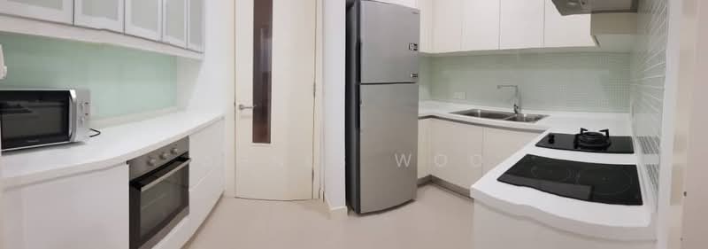 Kitchen features: white cabinetry, stainless-steel fridge, built-in oven, 4-burner gas hob, single-bowl stainless-steel sink, chrome pull-down faucet, white countertop, ceramic tile backsplash, microwave, sliding glass door, light-colored flooring, recessed downlights; style: modern.