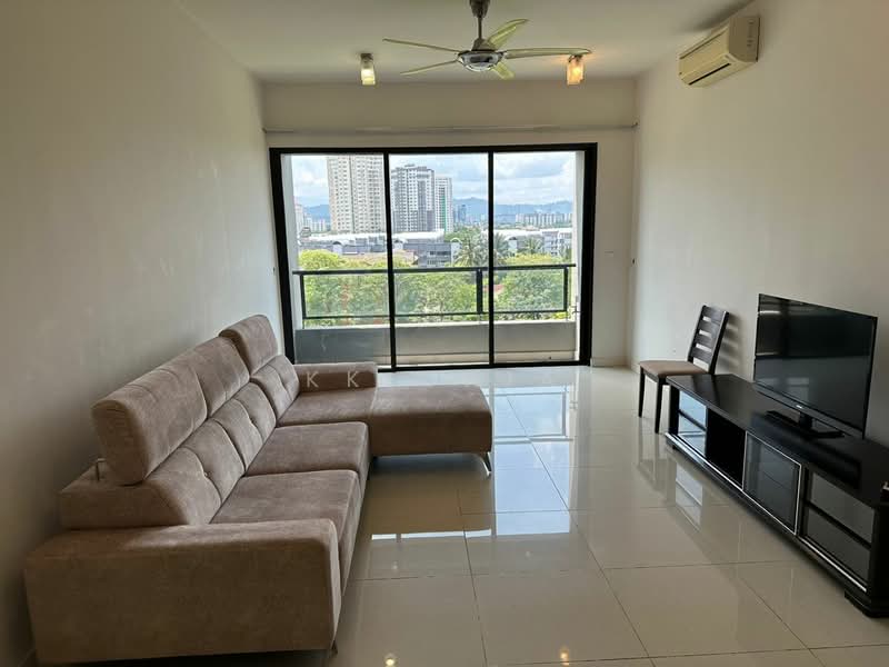 Living features: L-shape sectional sofa in beige, glass coffee table, TV console, wall-mounted TV, floor-to-ceiling windows, sliding glass door, white painted walls, polished tile flooring, ceiling fan with light, wall-mounted air conditioning unit; style: modern; view: city.