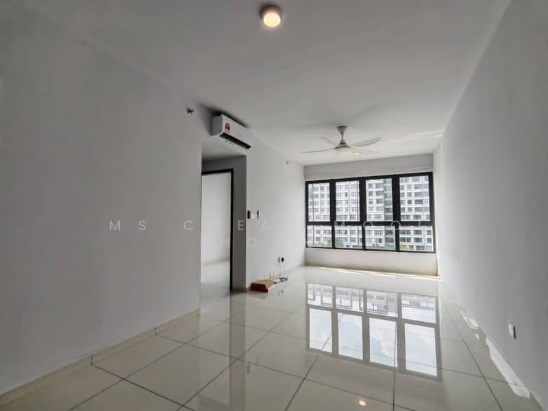 Living features: white painted walls, glossy white tile flooring, 5-blade ceiling fan with light, floor-to-ceiling windows, air conditioning unit, natural light from windows, neutral color scheme, no visible furniture; style: modern; view: city.