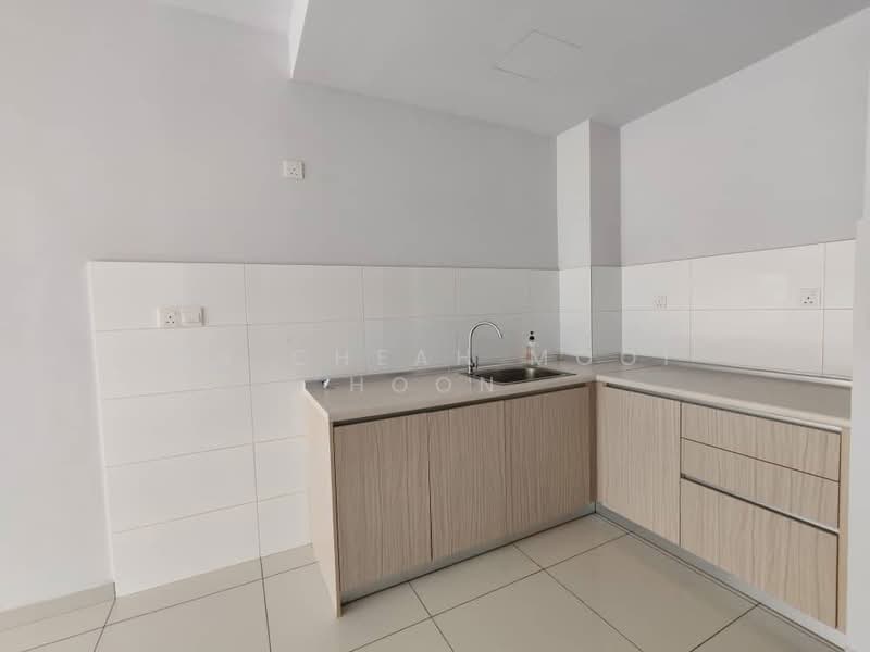 Kitchen features: single-bowl stainless-steel sink, chrome pull-down faucet, laminate countertop, white tiled backsplash, light wood cabinetry, built-in cabinets, ceramic tile flooring, recessed lighting; style: modern.