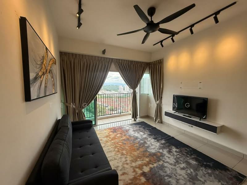 Living features: 3-seater fabric sofa in black, area rug with abstract pattern, wall-mounted TV, TV console in white, floor-to-ceiling windows, curtains in light beige, ceiling fan with integrated LED light, track lighting, neutral painted walls, tile flooring; style: modern; view: city.