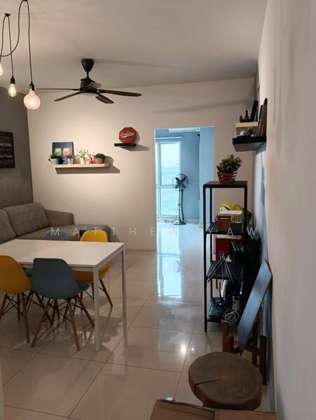 Living features: grey fabric sofa, white dining table, 4 colorful dining chairs, pendant lighting, 5-blade ceiling fan, wall-mounted shelves, large window with city view, polished tile flooring, decorative plants, freestanding fan, open layout; style: modern; view: city.