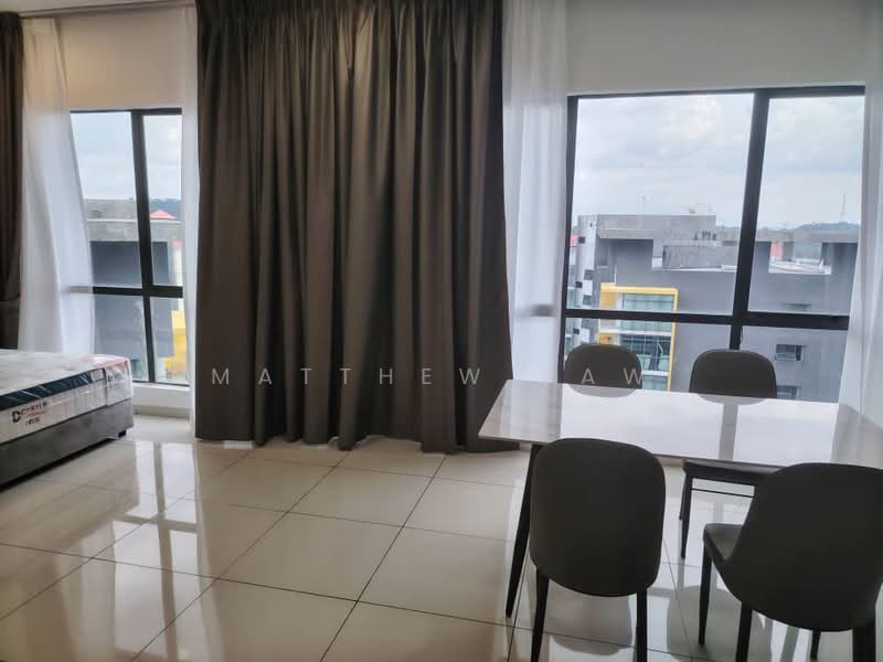Living features: floor-to-ceiling windows, grey curtains, white sheer curtains, glossy tile flooring, dining table with four chairs, bed with mattress, neutral wall color, city view; style: modern; view: city.