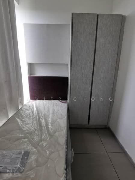 Bedroom features: single bed frame, mattress, built-in wardrobe with sliding doors, grey cabinetry, white walls, tile flooring, window with sheer curtains, bedside area with wall-mounted panel; style: modern.