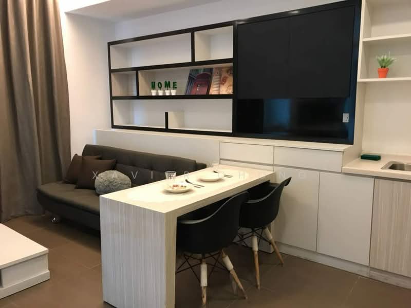 Living features: grey fabric sofa, white coffee table, black wall-mounted TV unit, open shelving unit with decorative items, white dining table, black dining chairs, brown curtains, tile flooring; style: modern.