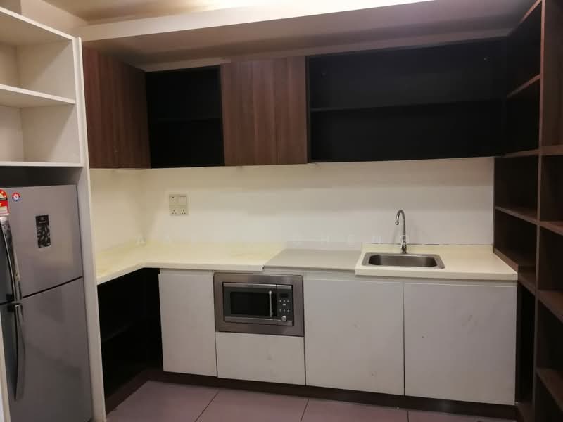 Kitchen features: stainless-steel sink, chrome pull-down faucet, white laminate countertop, built-in microwave, fridge, dark wood cabinetry, open shelving, grey tile flooring; style: modern.
