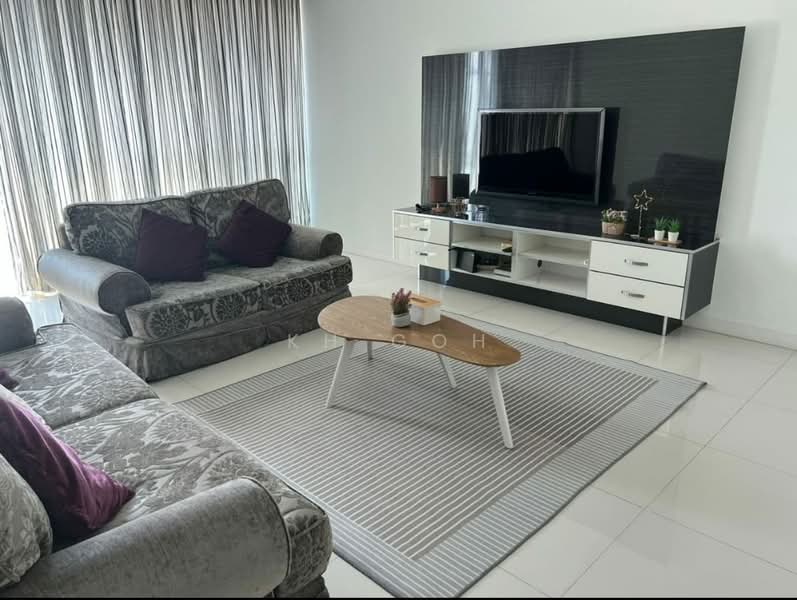 Living features: 3-seater fabric sofa in grey with patterned upholstery, 2-seater fabric sofa in light grey, coffee table with wooden top and white legs, TV console with white cabinetry, wall-mounted flat-screen TV, area rug with striped pattern, floor-to-ceiling windows with sheer curtains, decorative plants on TV console, accent pillows in dark purple, white tiled flooring, minimalist decor; style: modern.