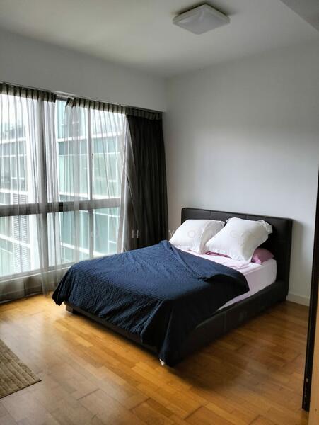Bedroom features: queen-size bed, upholstered headboard, white bedding with decorative pillows, wooden flooring, floor-to-ceiling windows, sheer curtains, blackout curtains, ceiling light fixture, area rug; style: modern.