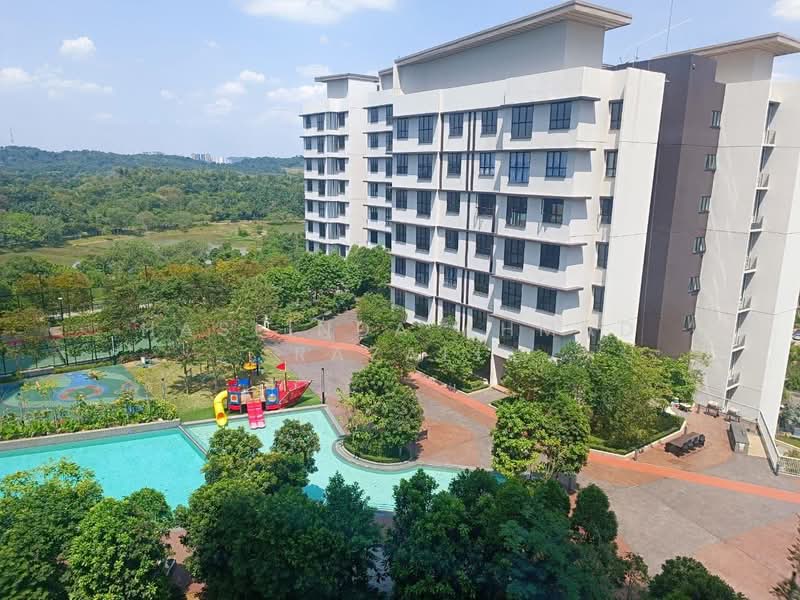 Exterior type: mid-rise condominium; features: swimming pool, children's playground, manicured landscaping, surrounded by greenery, paved walkways, multiple storeys, balconies on upper floors, view of hills in background; style: modern.