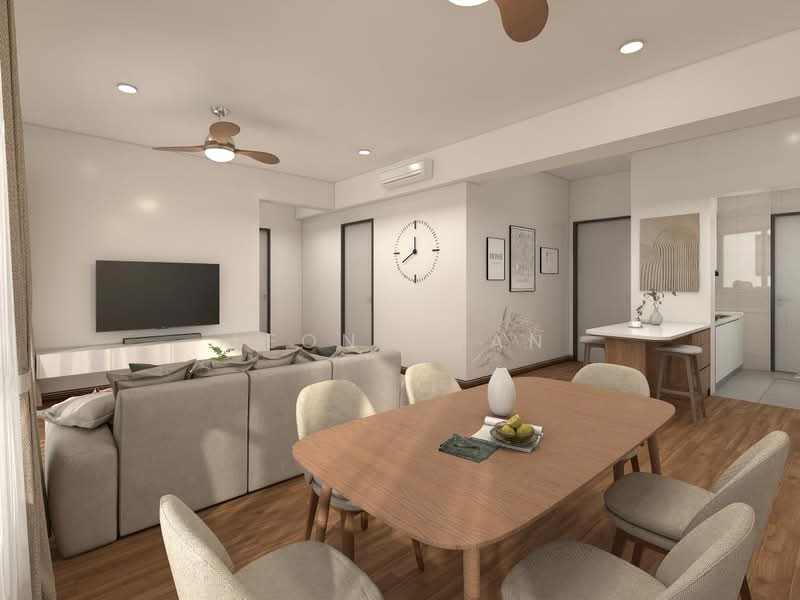 Living features: 3-seater fabric sofa in light grey, wooden dining table with 6 chairs, wall-mounted TV, ceiling fan with 3 blades, recessed LED downlights, wooden flooring, large windows with sheer curtains, decorative wall clock, open layout to kitchen, neutral wall colour, decorative artwork on walls; style: modern. Kitchen features: kitchen island with seating, white cabinetry, stainless-steel appliances, recessed lighting, open layout to living area; style: modern.