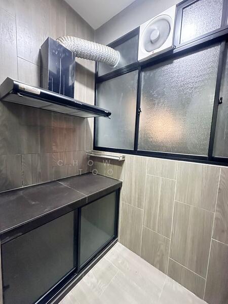 Laundry features: black countertop, black cabinetry, stainless-steel range hood, exhaust fan, grey tiled walls, light grey tiled flooring, large window with frosted glass, black framed window; style: modern.