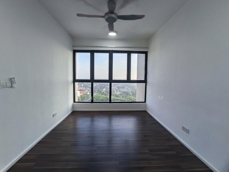 Room features: wooden flooring, white painted walls, 5-blade ceiling fan with light, floor-to-ceiling windows, city view; style: modern; view: city.