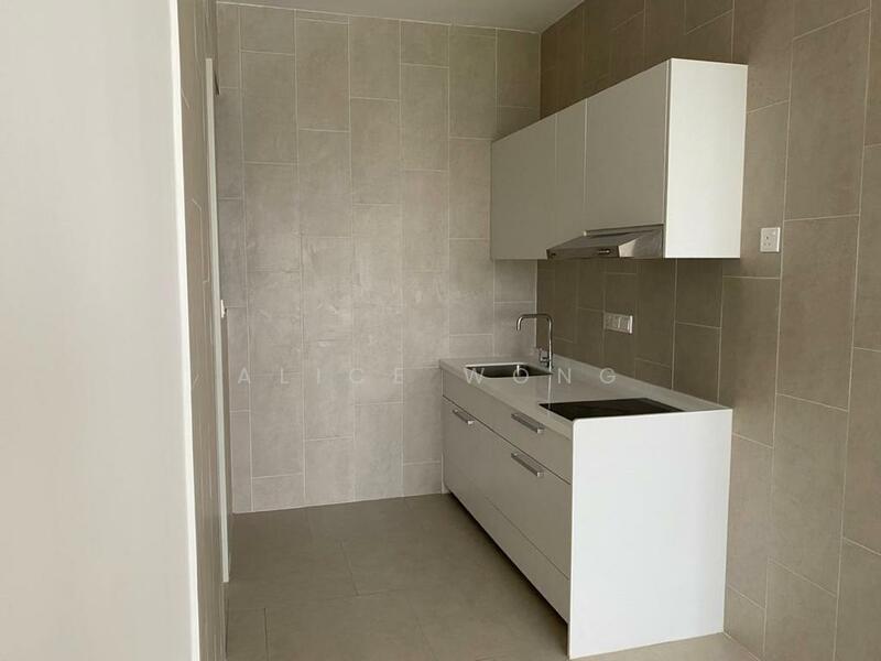 Kitchen features: white cabinetry, single-bowl stainless-steel sink, chrome pull-down faucet, grey tiled walls, light grey floor tiles, built-in oven, stainless-steel range hood, countertop with integrated sink, drawer storage, wall-mounted cabinets; style: modern.