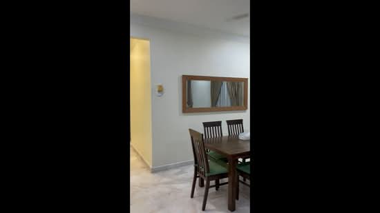 Dining features: wood dining table, 4 wooden dining chairs, green upholstered seat cushions, framed mirror on wall, white painted walls, marble flooring, wall-mounted light switch, doorway leading to hallway; style: modern.