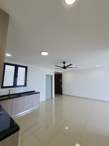 Living features: glossy ceramic tile flooring, white painted walls, 5-blade ceiling fan with light, large windows, black granite countertop, wood cabinetry, open layout, recessed downlights; style: modern. Kitchen features: black granite countertop, wood cabinetry, sink, open layout; style: modern.