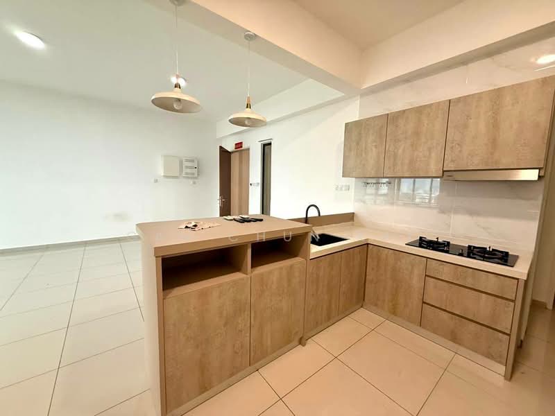 Kitchen features: light wood cabinetry, white quartz countertop, stainless-steel sink, chrome pull-down faucet, 4-burner gas hob, built-in oven, pendant lighting, tile flooring, open layout to living area, wall-mounted air conditioning unit; style: modern. Room features: white painted walls, tile flooring, open layout to kitchen.