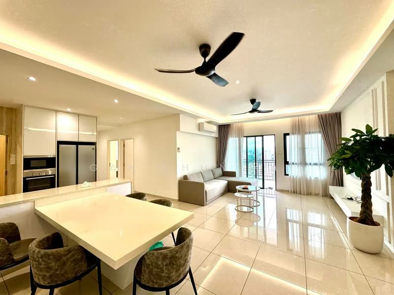 Living features: 2-seater fabric sofa in grey, coffee table, floor-to-ceiling windows, sliding glass door, 5-blade ceiling fan with light, recessed LED downlights, white painted walls, marble tile flooring, curtains, decorative indoor plant, open-plan layout with dining area, TV console; style: modern; view: city. Kitchen features: white quartz countertop, kitchen island with seating, stainless-steel fridge, built-in oven, freestanding range oven, white cabinetry, recessed lighting; style: modern.