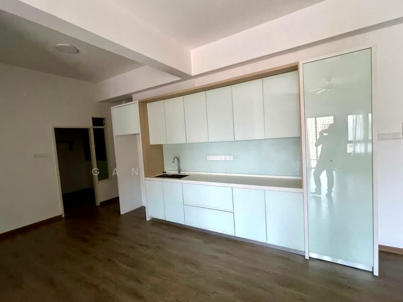 Kitchen features: white cabinetry, single-bowl stainless-steel sink, chrome pull-down faucet, white quartz countertop, built-in kitchen cabinets, open shelving, wooden flooring, recessed downlights; style: modern. Room features: white painted walls, wooden flooring, ceiling fan.