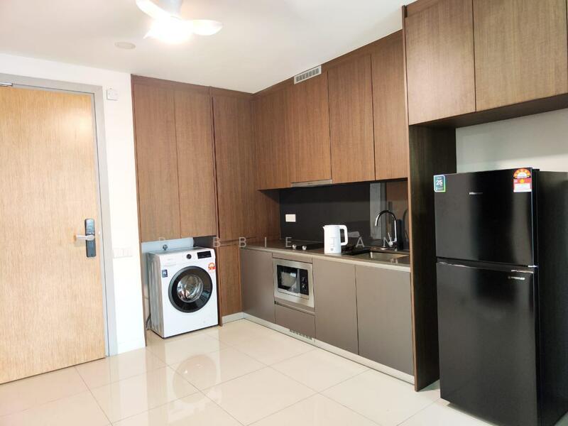 Kitchen features: brown wooden cabinetry, grey countertop, black backsplash, stainless-steel sink, chrome pull-down faucet, built-in microwave, freestanding range oven, stainless-steel fridge, front-load washing machine, recessed downlights, white tiled flooring, ceiling fan; style: modern.