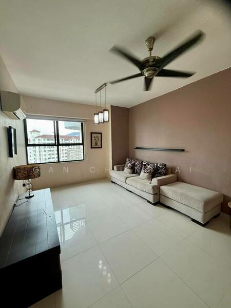 Living features: cream painted walls, grey accent wall, polished ceramic tile flooring, 5-blade ceiling fan with light, pendant light fixture, floor-to-ceiling windows, sliding glass door, sofa in light beige fabric, decorative wall shelf, TV console in dark wood, table lamp with patterned shade; style: modern; view: city.