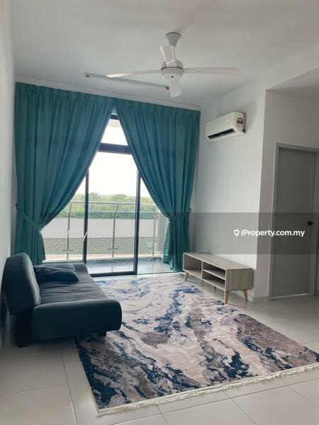 Living features: 3-seater fabric sofa in dark blue, area rug with abstract pattern, floor-to-ceiling windows, sliding glass door, sheer curtains in teal, recessed downlights, 1 wall-mounted split AC, TV console in light wood, white painted walls, ceramic tile flooring, ceiling fan with light; style: modern; view: garden.