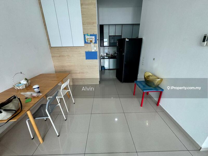 Room features: white painted walls, grey tiled flooring, wooden dining table, 3 dining chairs, black refrigerator, kitchen cabinetry, countertop, open layout, small decorative bowl, wall-mounted air conditioning unit; style: modern.