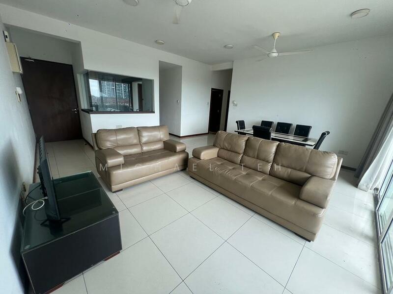 Living features: 2-seater leather sofa in beige, 3-seater leather sofa in beige, coffee table, wall-mounted TV, TV console, ceiling fan, white painted walls, tile flooring, large windows with sheer curtains, dining area visible in background, open layout; style: modern; view: city.