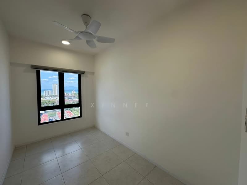 Room features: white painted walls, tile flooring, ceiling fan, floor-to-ceiling window, city view; view: city.