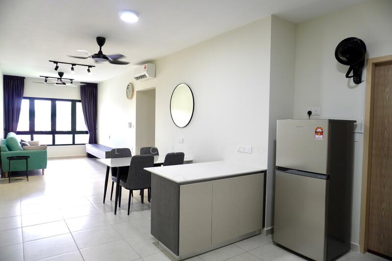 Living features: grey fabric sofa, 2-seater sofa, coffee table, 4-seater dining table, black dining chairs, wall-mounted TV, ceiling fan, recessed downlights, large windows with sheer curtains, light-colored walls, tile flooring, air conditioning unit; style: modern. Kitchen features: stainless-steel fridge, white countertop, grey cabinetry, sink, kitchen island; style: modern.