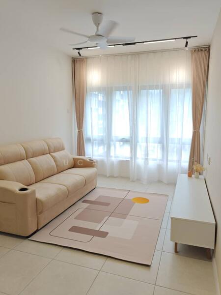 Living features: 3-seater fabric sofa in beige, area rug with abstract pattern, white TV console, floor-to-ceiling windows, sheer curtains, dropped ceiling, ceiling fan, light-colored tiled flooring, wall with no visible decor; style: modern.