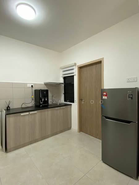 Kitchen features: black countertop, light wood cabinetry, stainless-steel fridge, built-in coffee machine, ceramic tile flooring, white painted walls, window with blinds, single-bowl stainless-steel sink, chrome faucet, recessed ceiling light; style: modern.