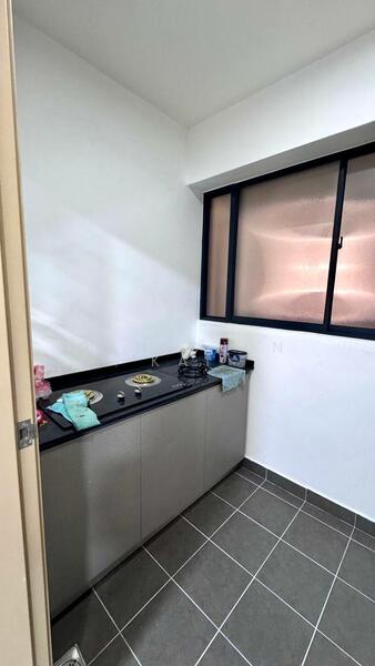 Laundry features: grey tiled flooring, white painted walls, black countertop, stainless-steel sink, single-bowl sink, kitchen cabinetry with silver handles, window with frosted glass, wall-mounted faucet; style: modern.