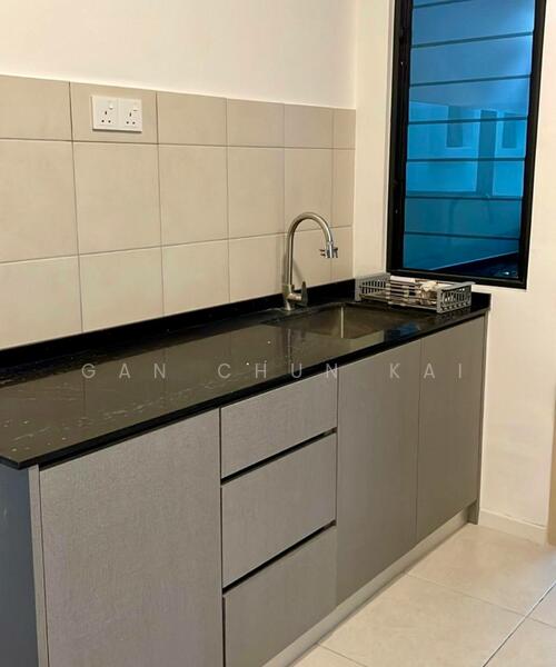 Kitchen features: black granite countertop, grey flat-panel cabinets, single-bowl stainless-steel sink, chrome pull-down faucet, white tiled backsplash, under-cabinet lighting, built-in dish rack, floor-to-ceiling window, light-colored tile flooring; style: modern.