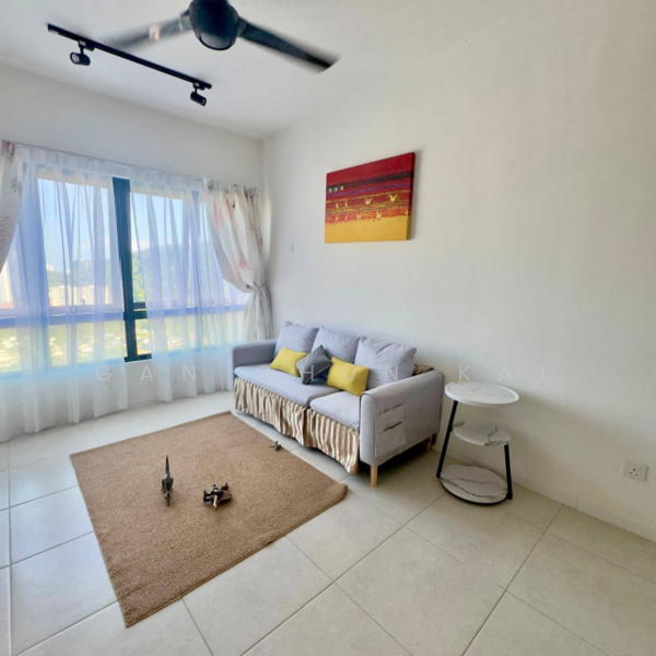 Living features: 3-seater fabric sofa in light grey, yellow accent cushions, round side table with white top, area rug with neutral color, floor-to-ceiling windows, sheer curtains, ceiling fan, decorative wall art, tiled flooring, natural light from windows; style: modern; view: garden.