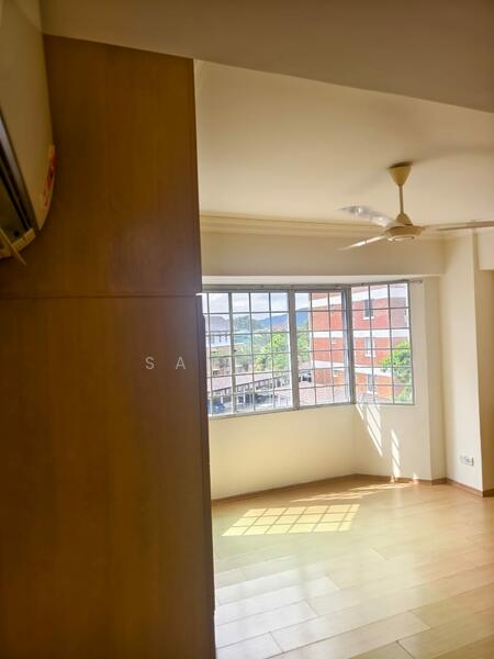 Room features: wooden flooring, white painted walls, ceiling fan, floor-to-ceiling windows, natural light, air conditioning unit, view of greenery, window treatments; style: modern; view: garden.
